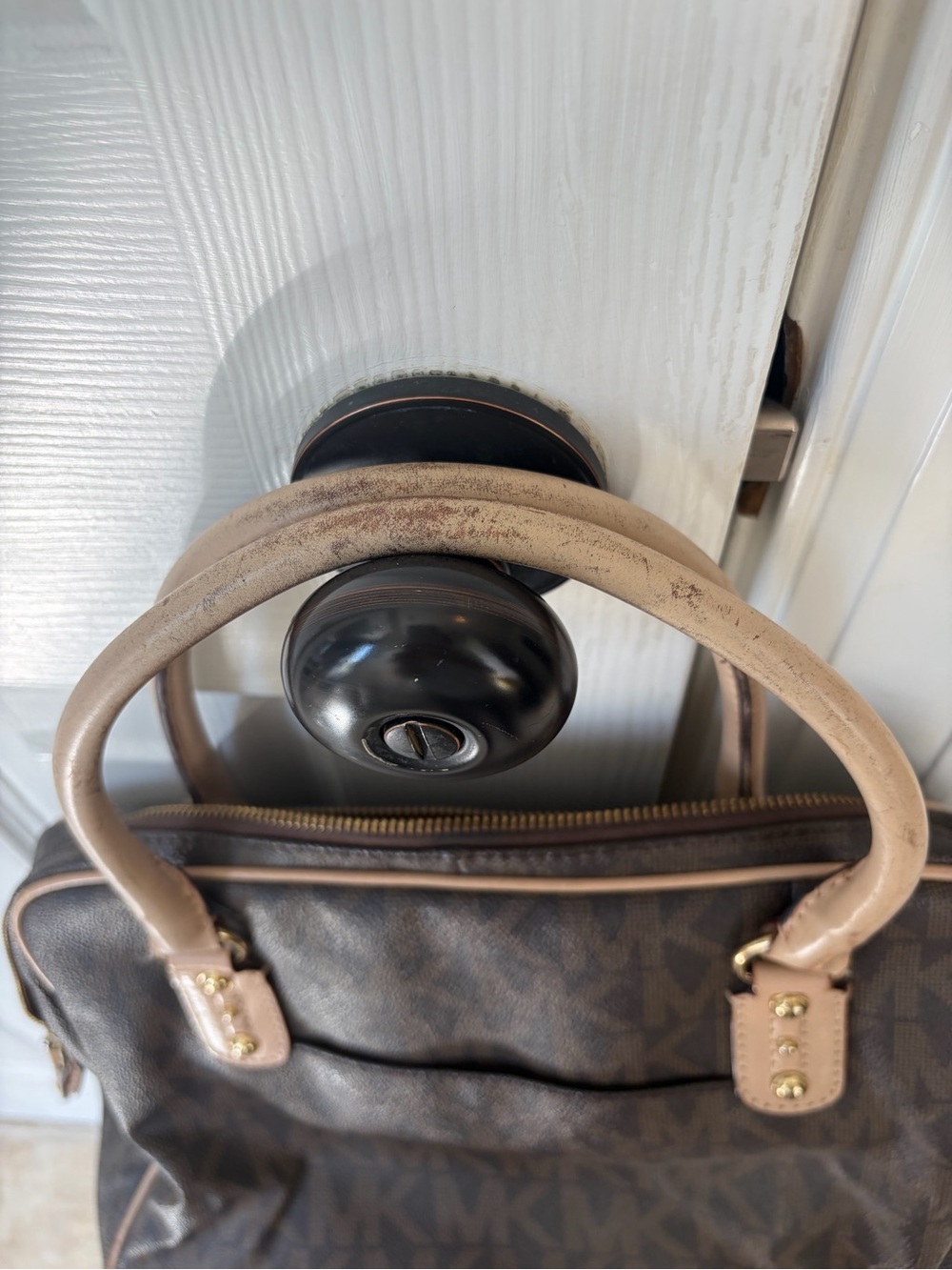 Michael Kors Dark Brown MK Logo Dome Satchel with Light Tan Trim - Picture 7 of 10